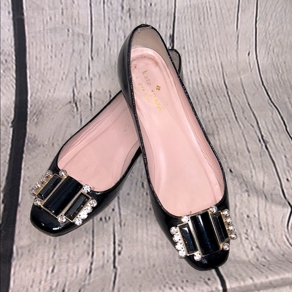 Kate Spade Black Patent Leather Rhinestone Encrusted Accent Flat Shoes Size 6
